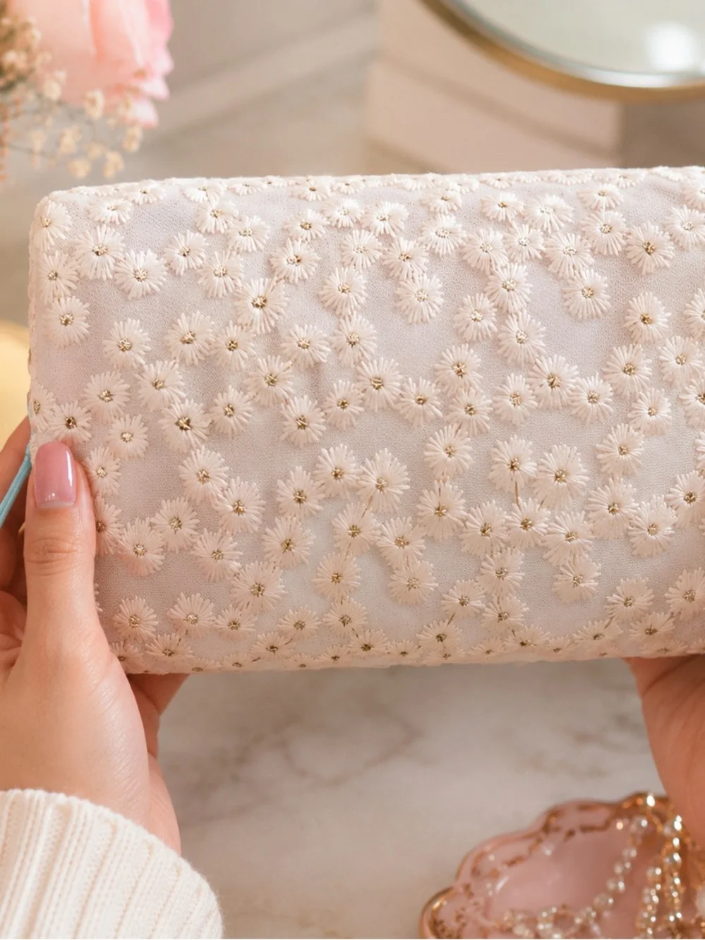 Pink Floral Lace Makeup Bag - Women's Cosmetic Pouch